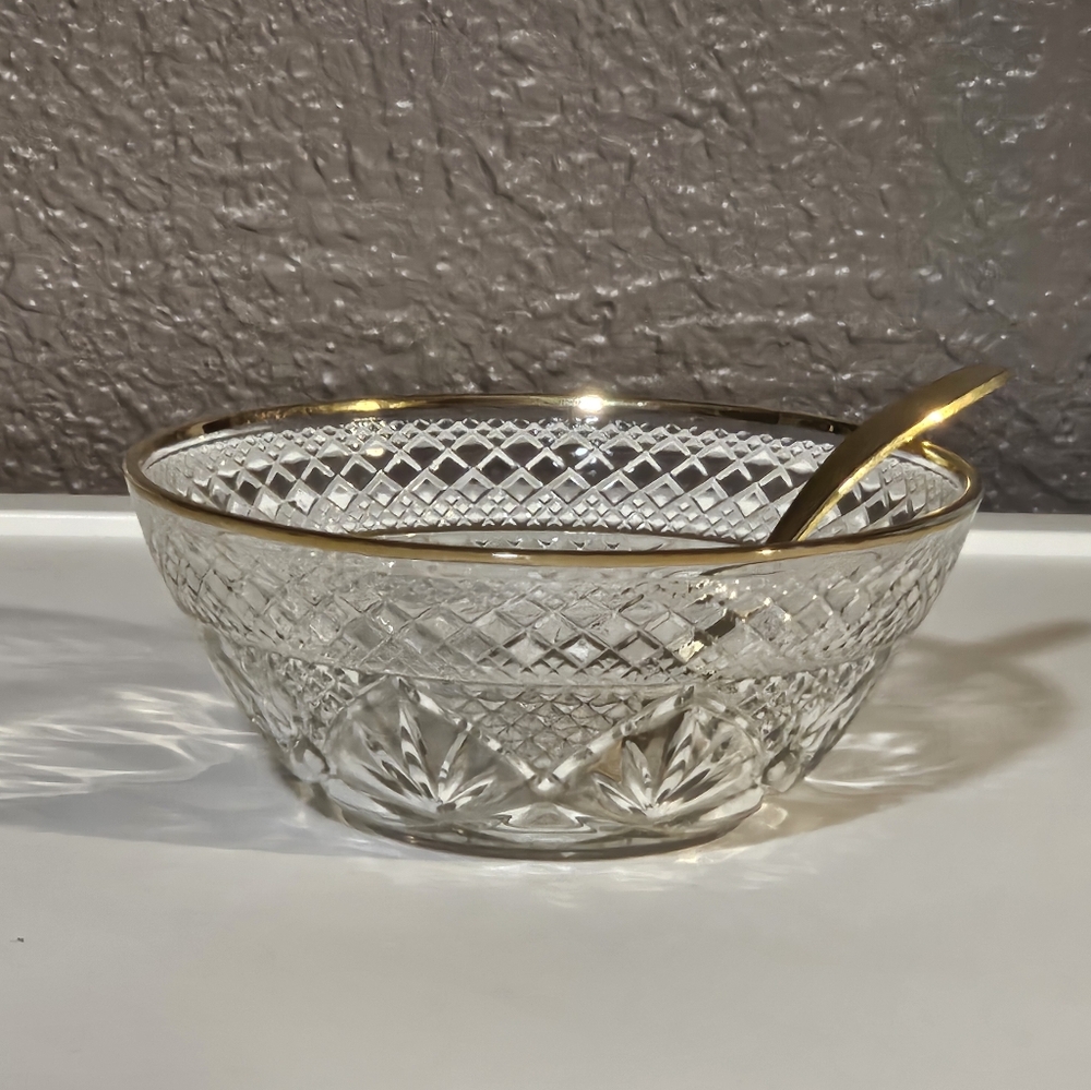 Vintage Windsor Crystal Bowl with Gold Trim and Spoon